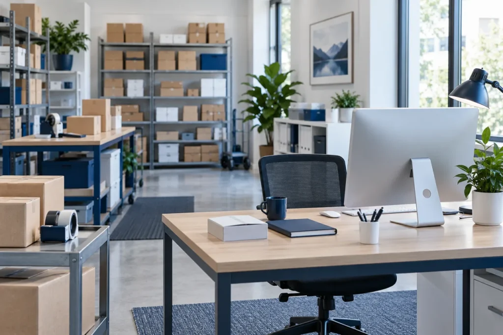 Computerarbeitsplatz neben Packtischen und Regalen mit Versandkartons; KI-generiert