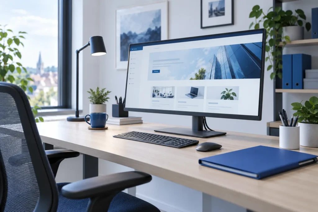 Schreibtisch mit breitem Monitor, Tastatur und blauem Planungsordner; KI-generiert
