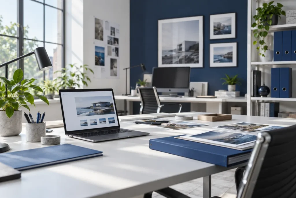 Büro mit Laptop, Monitor und gedruckten Gestaltungsentwürfen; KI-generiert