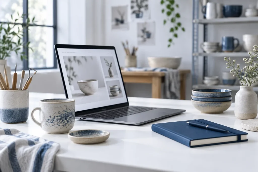 Laptop, Keramikwaren und blaues Notizbuch auf einem Tisch in einem Atelier; KI-generiert
